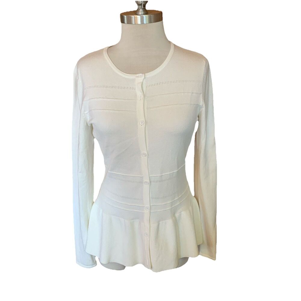 Jason Wu Sweater White Button-Up Peplum Cardigan Sz XS Dainty Lightweight